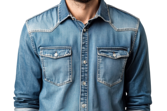 Stylish denim shirt classic blue wash button down long sleeves chest pockets casual wear textured
