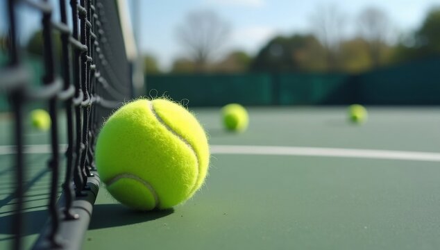 Close up of a tennis racket and balls lying on a court