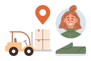 Forklift moving package, red location pin, smiling female customer, green shoe. Ideal for logistics, delivery, e-commerce, customer service, online shopping retail simple landing page