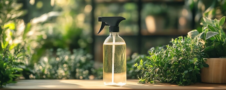 A labeled ecofriendly cleaning spray bottle showcasing sustainable living practices in a stylish design for green cleaning solutions.