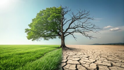 A single tree divides a lush green field from a dry, cracked desert, illustrating the stark contrast between life and drought.
