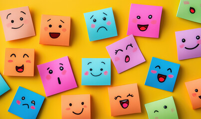 Colorful sticky notes with various facial expressions on bright yellow background.