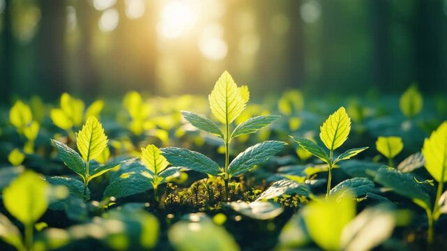New Life in the Sun: A breathtaking view of tender new leaves basking in the morning sun, a vivid tableau of nature's rebirth, promising life and vitality.