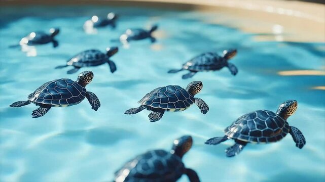 Tiny turtles swimming in shallow water