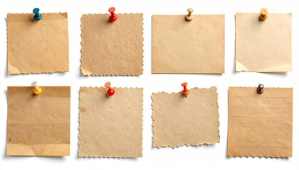 Arrangement of eight vintage paper notes pinned to a white surface showcasing various shapes and aged textures with colorful push pins and shadows.