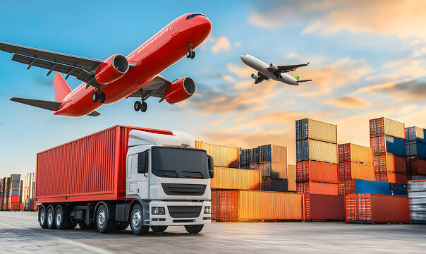 Global logistics. Airplane, truck, and shipping containers against a sunset sky suggest worldwide commerce