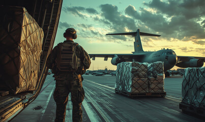 Military personnel overseeing cargo loading on transport aircraft at sunset.