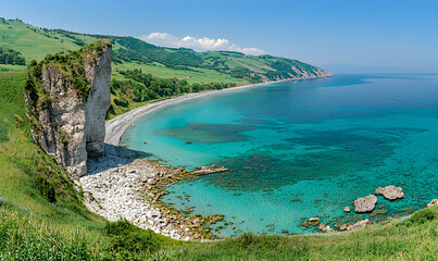 Fototapeta premium Scenic coastal landscape with turquoise water, cliffs, and rolling green hills under a clear blue sky