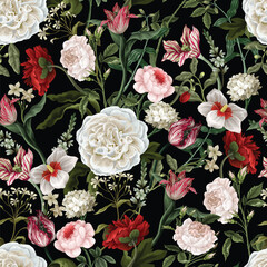 Seamless floral pattern with oil painting rococo still-lifes flowers. Vector.
