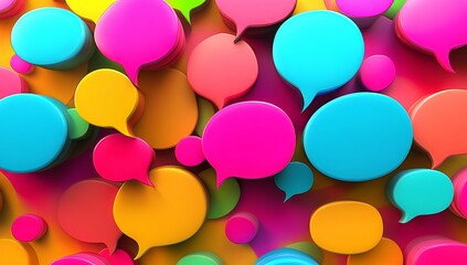 Vibrant, colorful speech bubbles, layered and overlapping, forming a dynamic, social media-like background