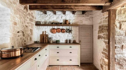 Rustic, light-filled kitchen with exposed beams, stone walls, and light-colored cabinets.  Wooden countertop, copper pots, and utensils hanging on the wall.
