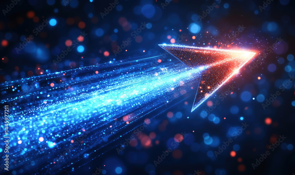 Poster dynamic glowing arrow with sparkling trails and vibrant bokeh background.