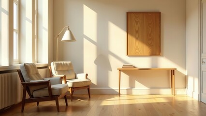 Serene sunlit living space featuring minimalist wooden furniture and a calming atmosphere