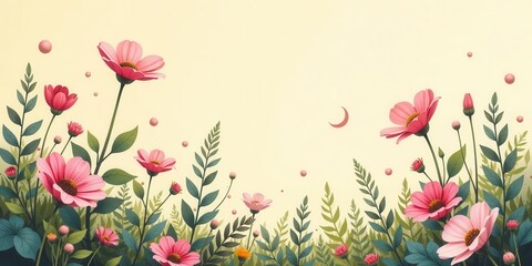 Serene Pink Blossoms in a Gentle Breeze, Illuminated by a Soft Crescent Moon, Creating a Peaceful and Dreamlike Floral Scene