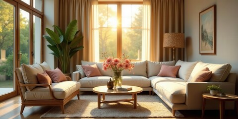 Serene Living Room with Sunlight Streaming Through Large Windows and Floral Arrangement on Coffee Table