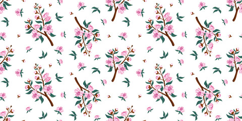 Seamless vector pattern with cherry blossom flowers (sakura) and branches. Hand-drawn floral elements in soft pastel colors. Traditional Japanese style, perfect for fabric, textile, wrapping paper, wa
