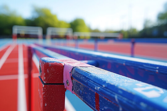 ONE captivating close up of one meticulously crafted hurdle on one vibrant field track, showcasing dedication and precision required to overcome obstacles and achieve greatness in athletic pursuits   