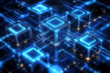 Glowing Blue Cubes Connected on Network, Abstract Technology Concept, Digital World