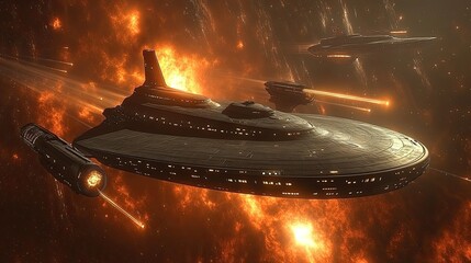 Obraz premium Futuristic spaceship engaged in an intense space battle amidst fiery explosions and vibrant cosmic background