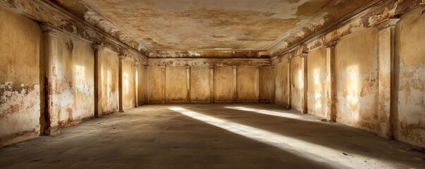 A spacious and empty room with sunlight streaming through windows