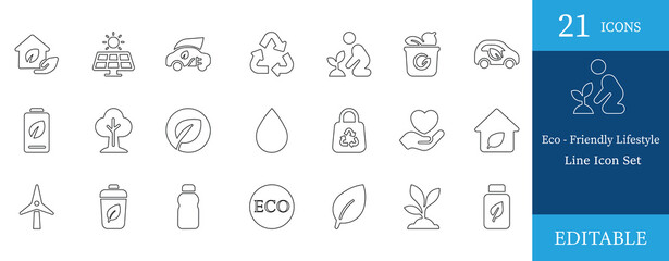 Minimal line icon set with 21 eco-friendly lifestyle icons. Includes nature, recycling, solar energy, electric vehicles, and zero-waste symbols. Fully editable and scalable vector design