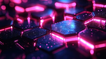 A vibrant close-up of hexagonal patterns illuminated with neon lights, creating a mesmerizing digital landscape of colors and reflections