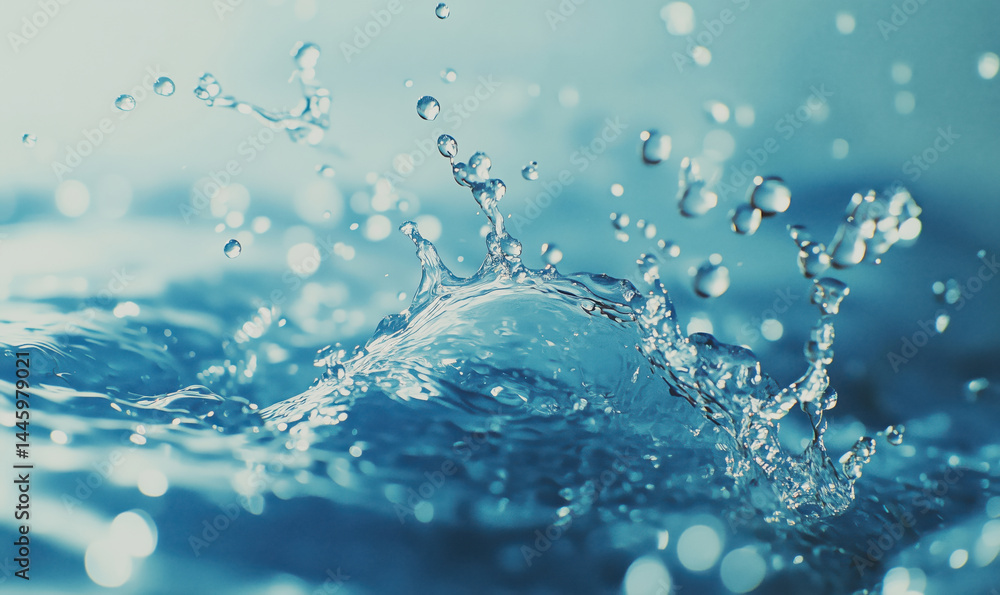 Poster water splash with droplets creating dynamic patterns in blue tones.