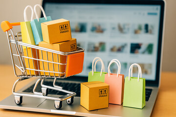 shopping bag with cart on the table