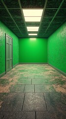 Green hallway, grungy floor, door