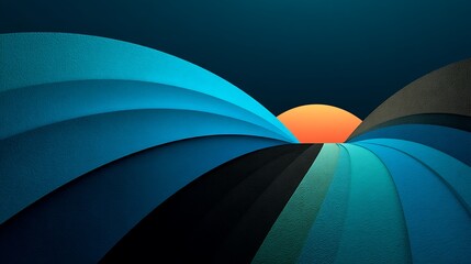 Abstract Curves Layers with Horizon, Textured Surface, Sun, Modern, Cyan and Orange