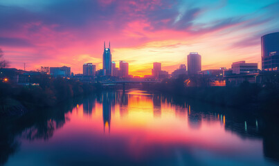 Fototapeta premium Stunning Nashville skyline at sunset reflecting on river with vibrant colors.