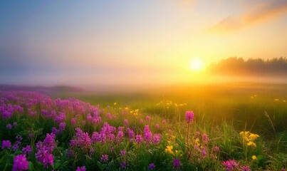 Stunning sunrise over misty field filled with vibrant wildflowers and soft light.