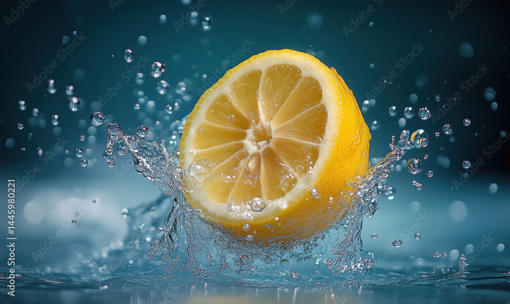 Poster fresh lemon slice splashing in water creating dynamic droplets and ripples.