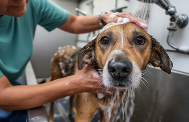 Dog enjoys a bath being washed by its owner at an animal shelter while shampoo is applied gently