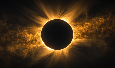 Naklejka premium Stunning solar eclipse with fiery corona and darkened sun at center.