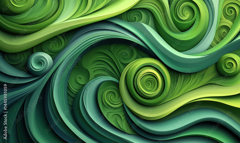Poster abstract green swirls and curves in layered design showcasing nature-inspired patterns.