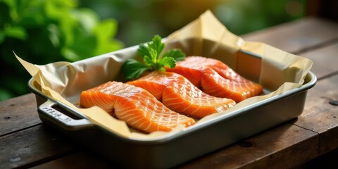 Ready-to-cook salmon fillets in a baking dish, prepared with parchment paper and fresh herbs