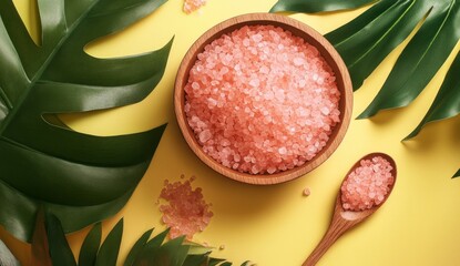Pink Himalayan salt in wooden bowl, tropical leaves