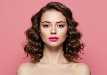 Fototapeta premium Portrait of a beautiful woman with curly hair and pink lipstick on a pink background