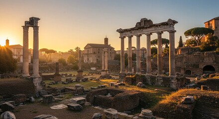 Fototapeta premium Ancient roman forum ruins with columns and buildings at sunset in rome italy under a clear sky