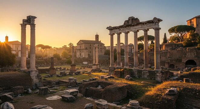 Ancient roman forum ruins with columns and buildings at sunset in rome italy under a clear sky