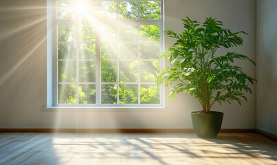 Fototapeta premium Sunlight streaming through window illuminating indoor plant in bright room.
