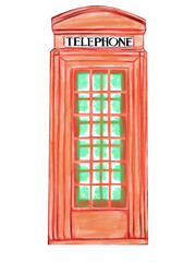Bright yellow vintage British telephone booth with glass windows, isolated on white background. Hand-drawn watercolor style