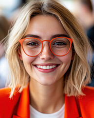 Brightly smiling woman with short blonde hair and orange glasses, dressed in a vibrant outfit.