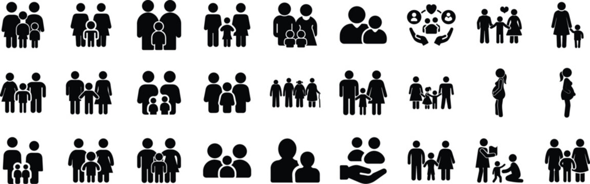 Family relationship vector icon set. Vector glyph pictograms of couple, parent, child, elderly people, pregnancy, parenting, community, single mother, social care black vector silhouette illustration
