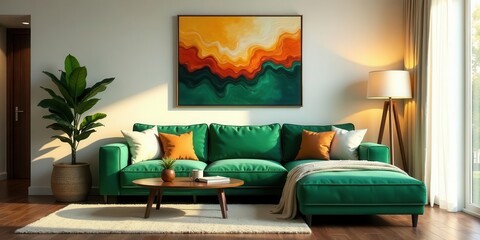 Emerald Sectional Sofa in a Sunlit Living Room with Abstract Wall Art and Stylish Decor