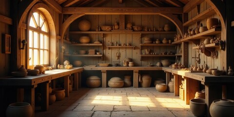 Obraz premium A sunlit rustic workshop filled with earthenware pottery, wooden shelves, and handcrafted tools