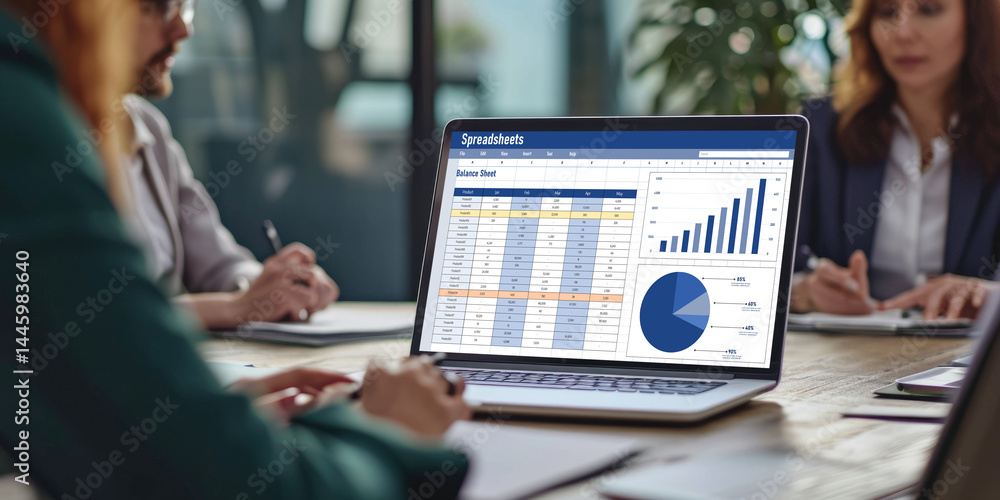 Poster spreadsheet document information financial startup concept. data and graphs in spreadsheet documents