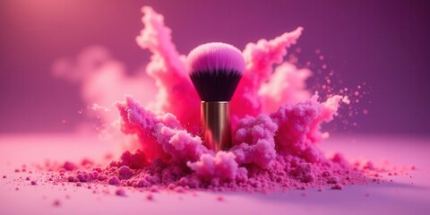 Pink Powder Explosion with Makeup Brush A Vibrant Image for Beauty and Cosmetics Promotion