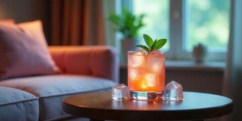 A Refreshing Summer Cocktail Garnished with Mint, Served in a Rocks Glass with Ice Cubes on a Side Table Near a Comfortable Sofa
